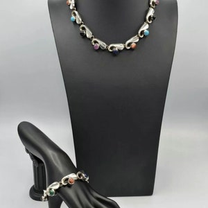 Vintage Mexico Sterling Silver Taxco Necklace & Bracelet SET 925 Multi Stones