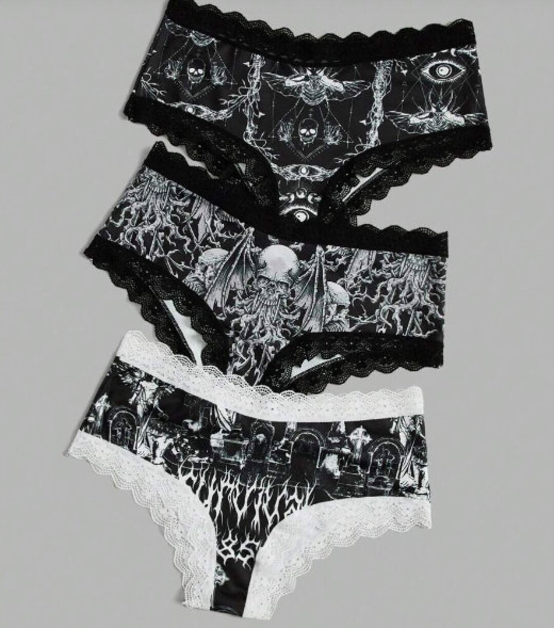 S 3XL Halloween Undies Set of 3 Goth Hot Skulls Cathulu Raven Lace