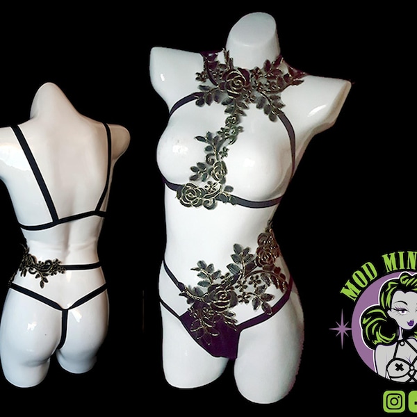 Black and gold KAYLA lace body harness sexy floral burlesque metallic lingerie
