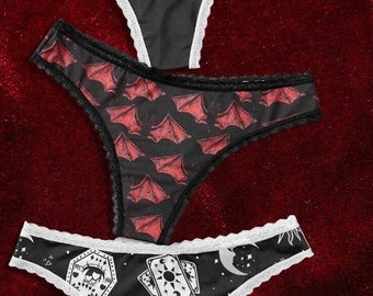 S - 3XL : Halloween Thongs! Set of 3 goth red black bats tarot ouija stretchy underwear