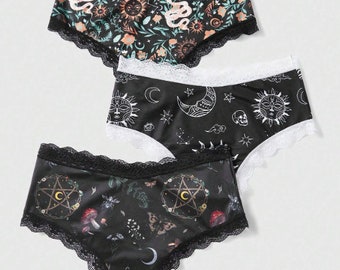 S - L : WITCH CORE Undies! Set of 3 witch pentacle snake moth butterfly moon sun lace underwear
