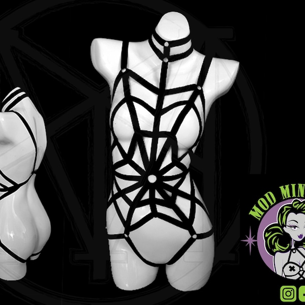 ELVIRA : Cosplay costume halloween spider web body harness bodysuit choker