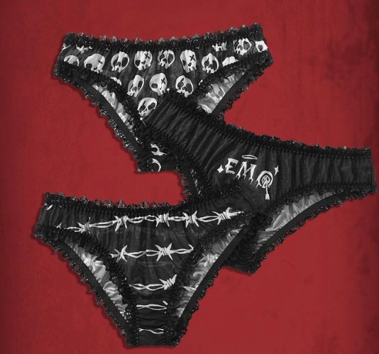 SMALL - 3XL : Emo Undies! Set of 3 goth halloween mesh black white hot barb  wire skeleton lace underwear