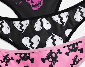 S - 3XL : Halloween Thongs! Set of 3 goth pink black pink hot skulls skeleton stretchy underwear