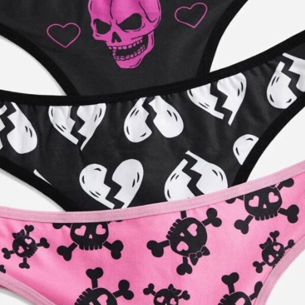 S - 3XL : Halloween Thongs! Set of 3 goth pink black pink hot skulls skeleton stretchy underwear