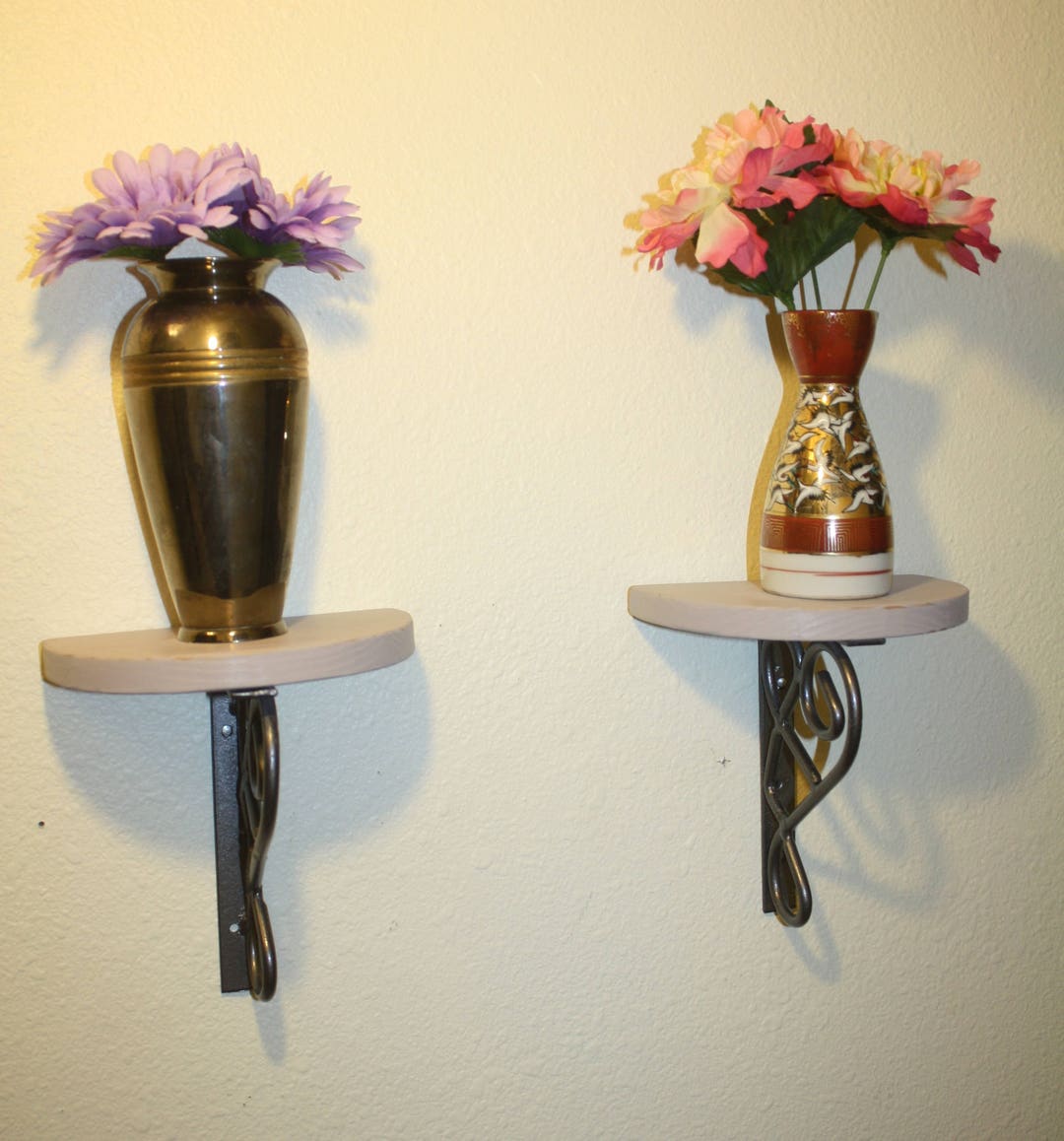 2 Distressed Wooden Shelves With Decorative Metal Brackets Etsy