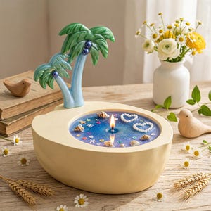 Może przedstawiać: Dekoracyjna świeca w kształcie kokosa. Świeca ma niebieską woskową kałużę z muszlami, konfetti w kształcie gwiazd i akcentami w kształcie serca. Na górze uchwytu znajduje się rzeźba palmy.