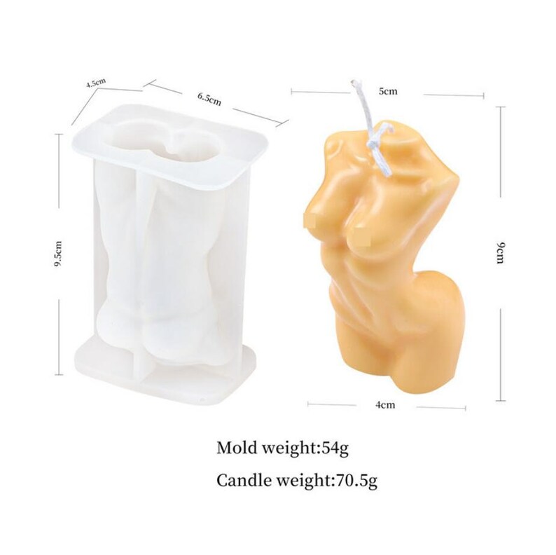 May include: White silicone mold for making a candle in the shape of a human torso. The mold is 9.5 inches tall, 6.5 inches wide, and 4.5 inches deep. A finished candle is shown next to the mold. The candle is 9 cm tall, 5 cm wide, and 4 cm deep. Mold weight: 54g. Candle weight: 70.5g.