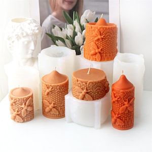 5 Styles Embossed Bee Pillar Candle Silicone Mold--Honeycomb Candle Mold-Candle Scented Mould-Cylindrical Candle Mold-Beeswax Candle Molds