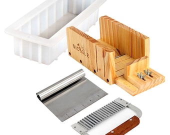 NK-0260 Silicone Mold Soap Making Tool Set-4 Adjustable Wooden Loaf Cutter Box 2 Pieces Stainless Steel Blades and 10''Mould