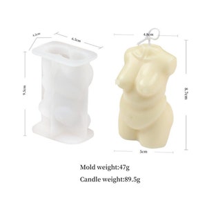May include: White silicone mold for making a candle in the shape of a female torso. The mold is 9.5 inches tall, 6.5 inches wide, and 4.2 inches deep. The finished candle is 8.7 cm tall, 5 cm wide, and 4.8 cm deep. Mold weight: 47g. Candle weight: 89.5g.