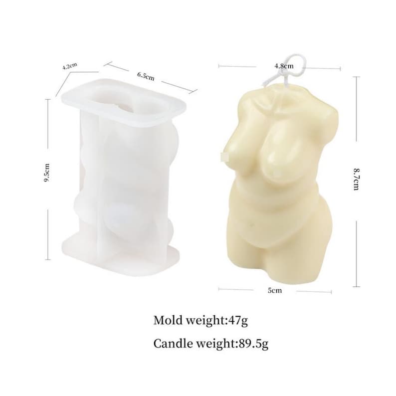 May include: White silicone mold for making a candle in the shape of a female torso. The mold is 9.5 inches tall, 6.5 inches wide, and 4.2 inches deep. The finished candle is 8.7 cm tall, 5 cm wide, and 4.8 cm deep. Mold weight: 47g. Candle weight: 89.5g.