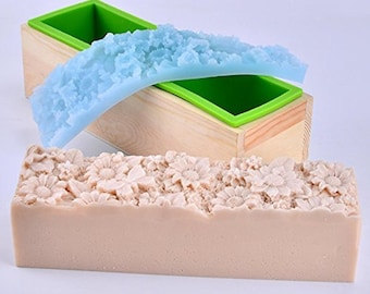 D0021 Silicone Loaf Soap Craft Embossed Soap Silicone Mold Set Rectangular Loaf Mould with Wooden Box and Flower Mat for DIY Handmade Tools