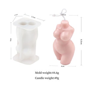 May include: A silicone mold and a pink candle shaped like a human body. The mold is 9 cm tall, 4.7 cm wide, and 5.7 cm deep. The candle is 8.5 cm tall and 4 cm wide. Mold weight: 44.6g. Candle weight: 49g.