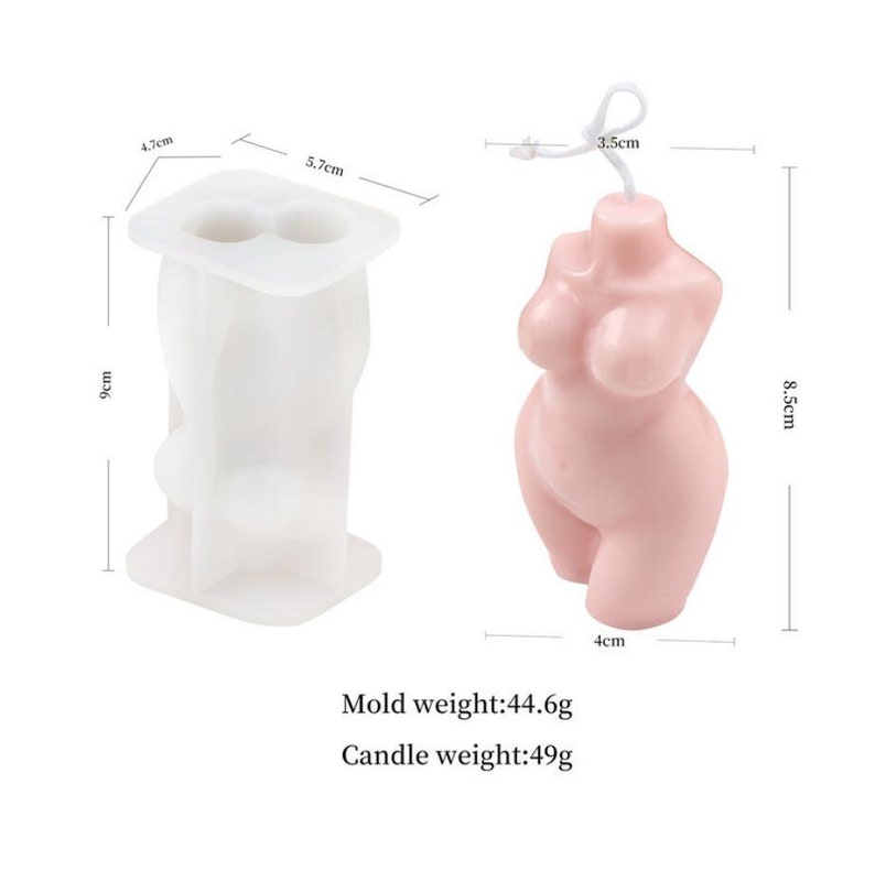 May include: A silicone mold and a pink candle shaped like a human body. The mold is 9 cm tall, 4.7 cm wide, and 5.7 cm deep. The candle is 8.5 cm tall and 4 cm wide. Mold weight: 44.6g. Candle weight: 49g.