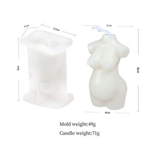 May include: White silicone mold for making a candle in the shape of a pregnant woman's body. The mold is 9 cm tall, 6.5 cm wide, and 4.7 cm deep. The finished candle is 8 cm tall, 5 cm wide, and 4 cm deep. Mold weight: 49g. Candle weight: 71g.