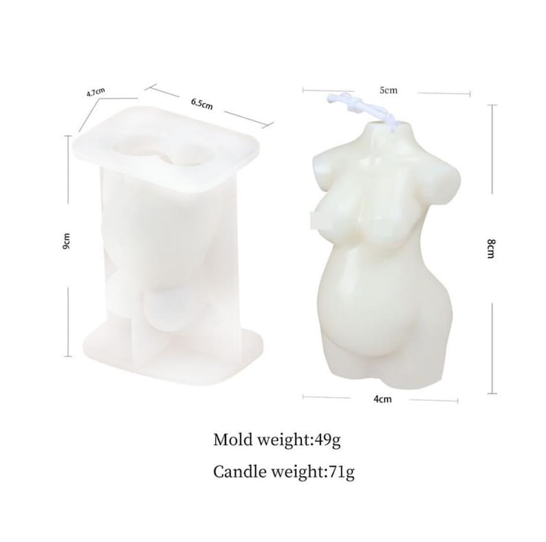May include: White silicone mold for making a candle in the shape of a pregnant woman's body. The mold is 9 cm tall, 6.5 cm wide, and 4.7 cm deep. The finished candle is 8 cm tall, 5 cm wide, and 4 cm deep. Mold weight: 49g. Candle weight: 71g.
