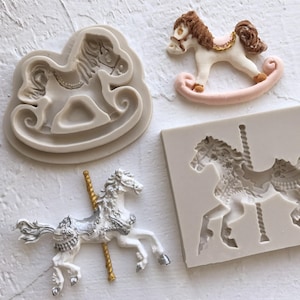 May include: Three silicone molds for making horse-shaped cake decorations. One mold is for a rocking horse, one is for a carousel horse, and the third is for a simple horse.
