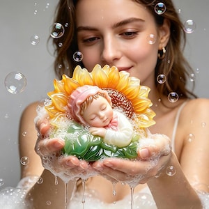 May include: A decorative figurine of a sleeping baby in a sunflower, with a pink hat and bow. The sunflower has yellow and orange petals and rests on a green leaf. The figurine is held in cupped hands surrounded by bubbles.