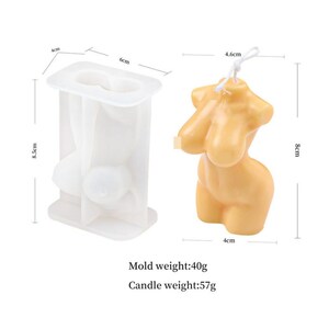 May include: A white silicone mold for making a candle in the shape of a human torso. The mold is 8.5 inches tall, 6 inches wide, and 4 inches deep. The finished candle is 8 cm tall, 4.6 cm wide, and 4 cm deep. The mold weighs 40 grams and the candle weighs 57 grams.