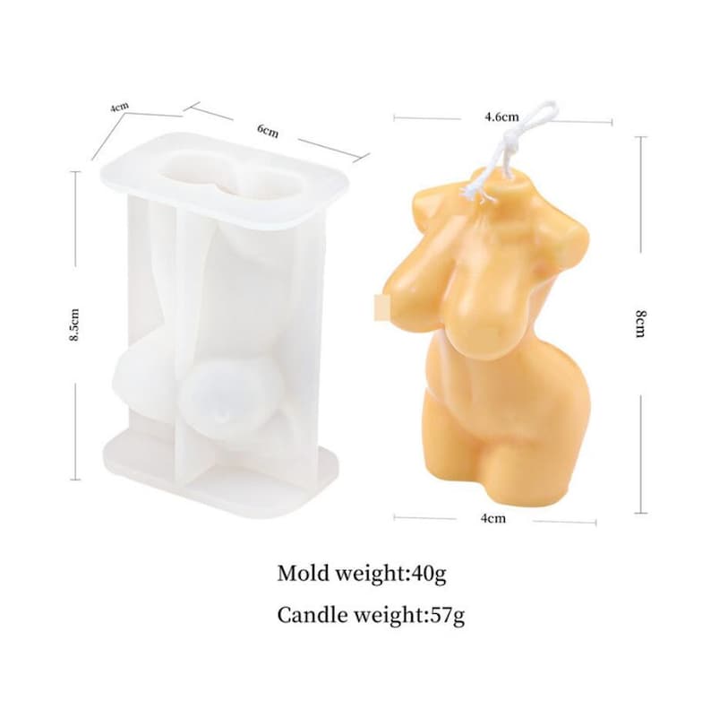 May include: A white silicone mold for making a candle in the shape of a human torso. The mold is 8.5 inches tall, 6 inches wide, and 4 inches deep. The finished candle is 8 cm tall, 4.6 cm wide, and 4 cm deep. The mold weighs 40 grams and the candle weighs 57 grams.