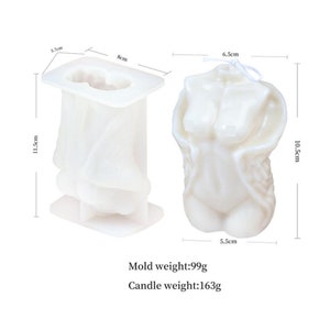 May include: White silicone mold for making a candle in the shape of a human torso. The mold is 11.5 inches tall, 6.5 inches wide, and 8 inches deep. The mold weighs 99 grams and the candle weighs 163 grams.