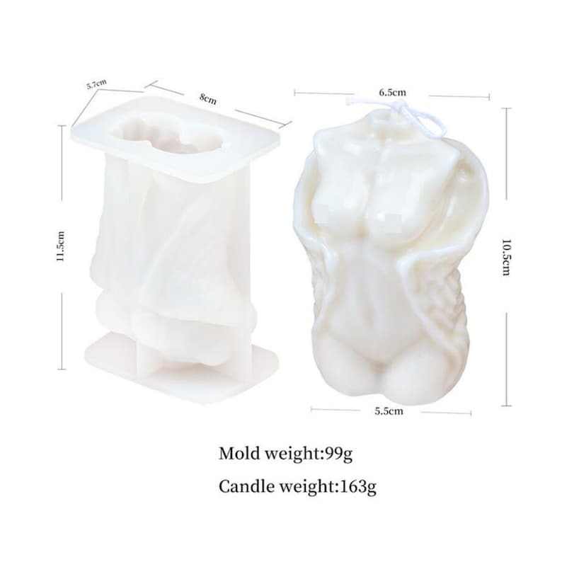 May include: White silicone mold for making a candle in the shape of a human torso. The mold is 11.5 inches tall, 6.5 inches wide, and 8 inches deep. The mold weighs 99 grams and the candle weighs 163 grams.