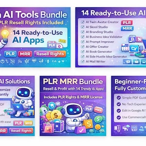 Op de afbeelding: Een digitale afbeelding met een bundel AI-tools met wederverkooprechten. De afbeelding toont cartoonrobots en tekst met de tekst "Mega AI Tools Bundle" en "14 Ready-to-Use AI Apps". Het kleurenschema is voornamelijk paars en blauw.