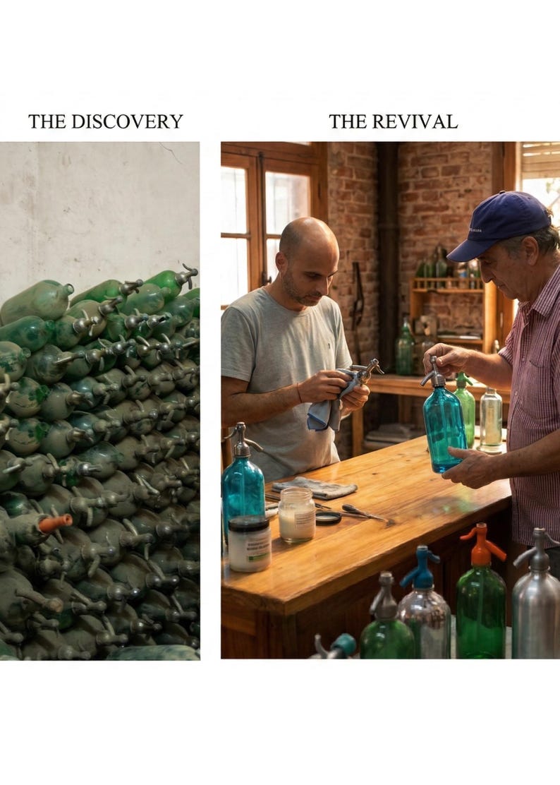 Pode incluir: Uma imagem dividida mostrando uma grande cole&ccedil;&atilde;o de sif&otilde;es de soda de vidro vintage rotulada como THE DISCOVERY &agrave; esquerda, e duas pessoas limpando e restaurando sif&otilde;es de soda de vidro coloridos em uma bancada de madeira rotulada THE REVIVAL.