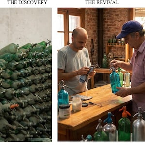 May include: A split-view image showing a large collection of vintage glass soda siphons labelled THE DISCOVERY on the left, and two individuals cleaning and restoring colourful glass soda siphons on a wooden workbench labelled THE REVIVAL on the right.