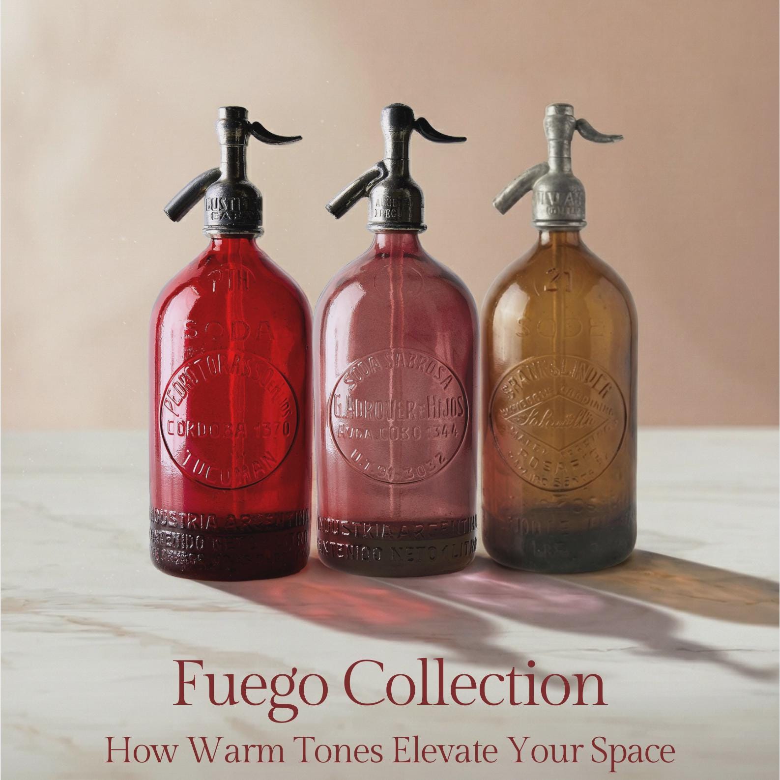 Set Of 3 Antique Argentine Seltzer Bottles. Hand-Dipped Colored Glass