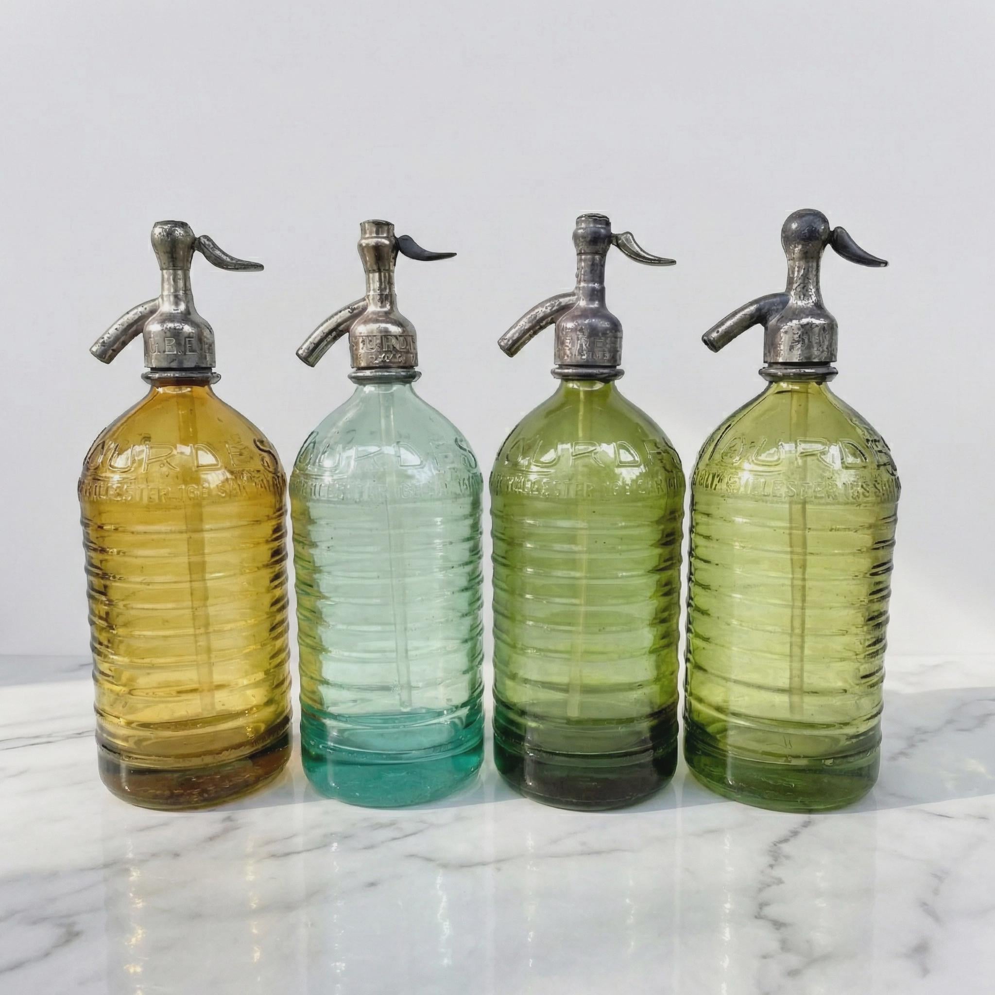 4 Vintage Argentine Seltzer Bottles | The Agua Collection "Lagoon" Amber Clear Green Lime 1930S Decor
