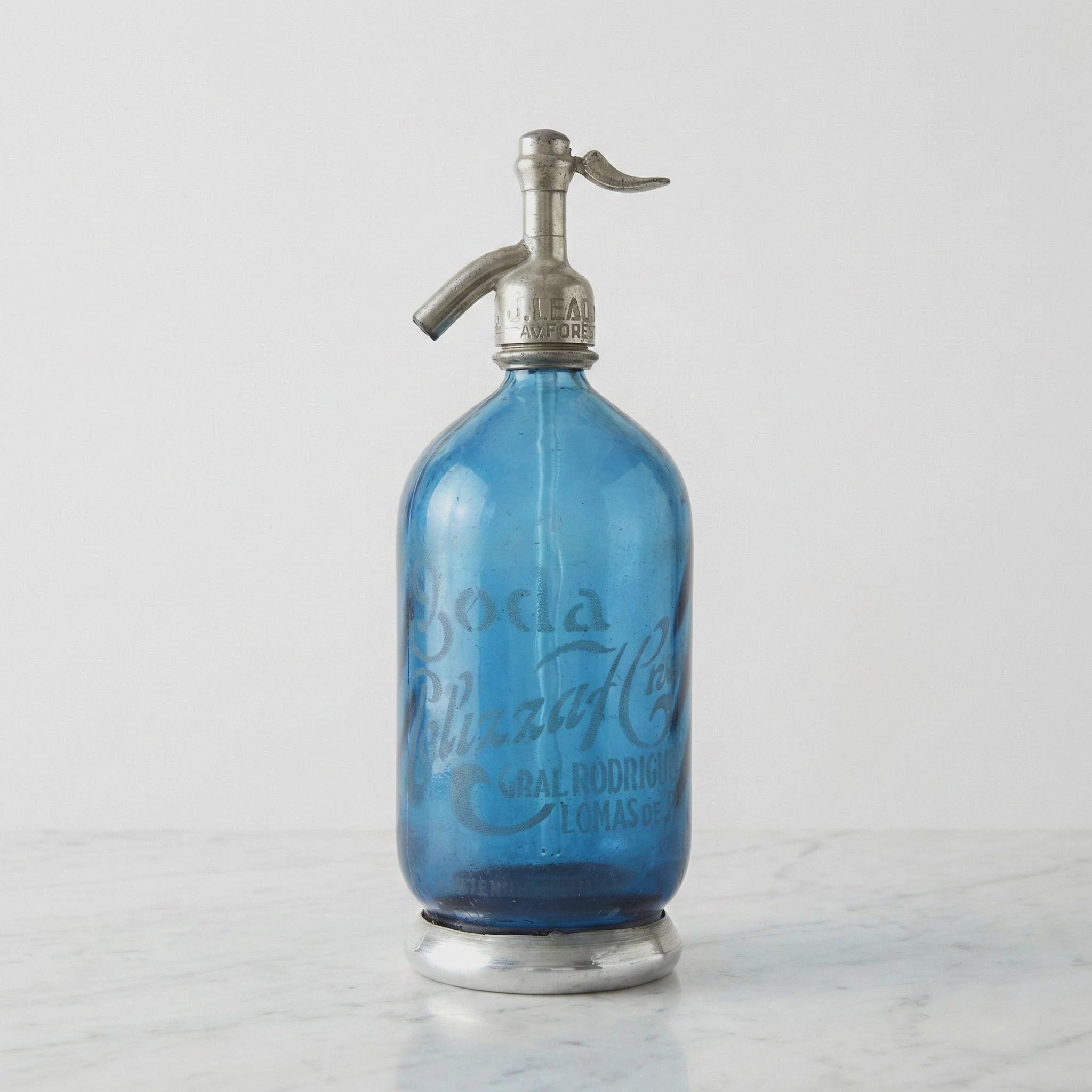 Blue Vintage Seltzer Bottle - Argentina, Metal Base