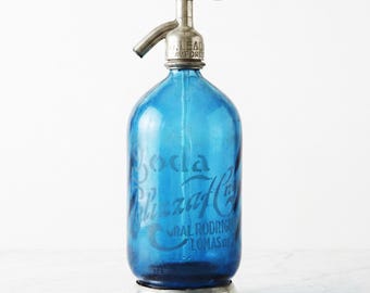 Blue Vintage Seltzer Bottle – Argentina, Metal Base