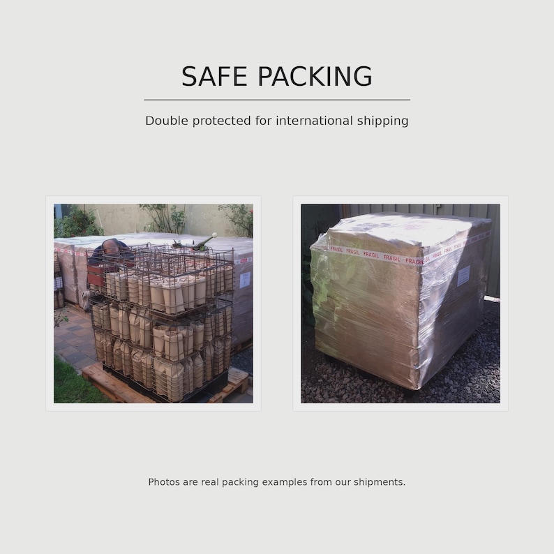 May include: Two images showing packing methods. The left image displays brown cylindrical items stacked in a black metal wire crate. The right image shows a large rectangular object completely wrapped in clear plastic film with red and white tape.
