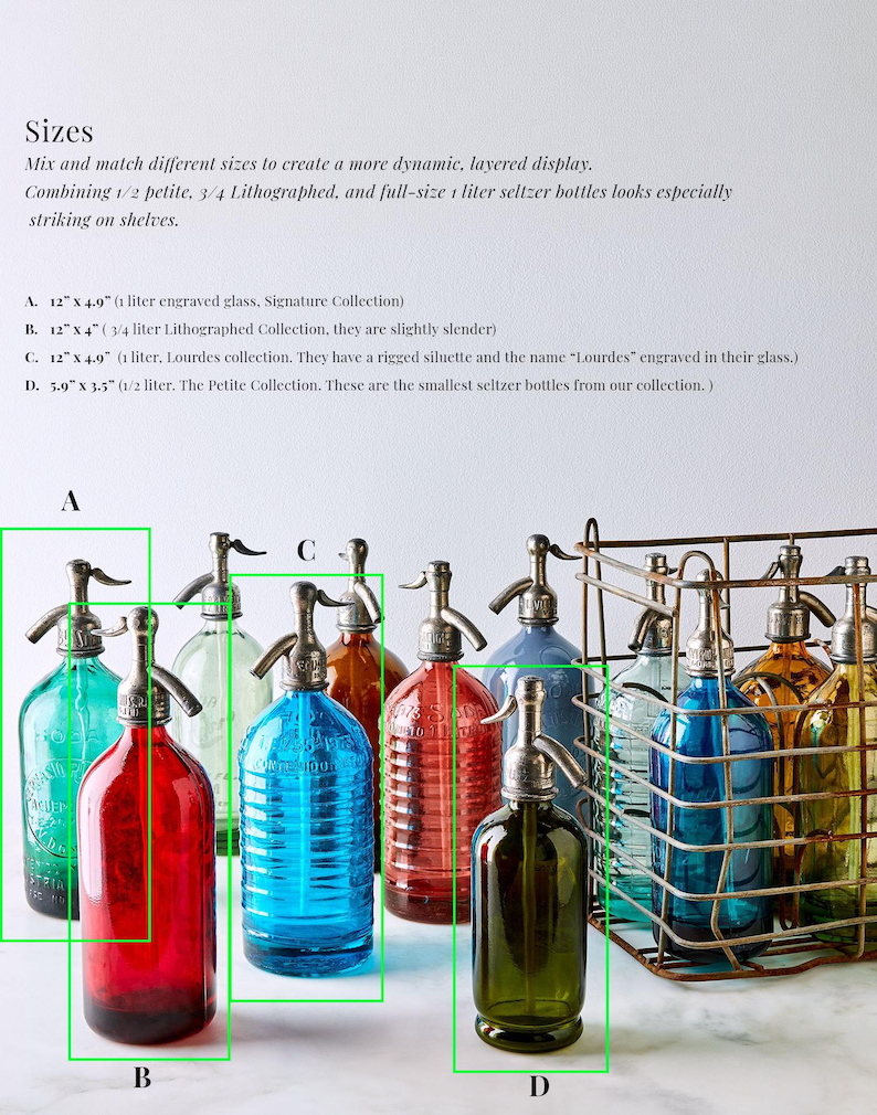 May include: A collection of vintage-style glass seltzer bottles with metal siphon tops in various colours including red, blue, green, and amber. Some bottles feature ribbed glass textures and engraved text, displayed individually and within a wire crate.