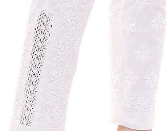 Femmes Coton blanc lycra cigarette pantalon harem salwar / palazzo chikankari main brodé Boho hippie / dames / filles indiennes