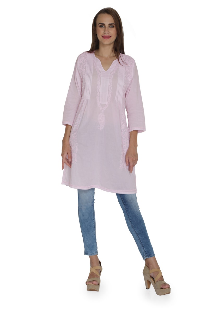 White tunic Indiankala4u Hand Embroidered allover ChikankariChikan Lucknow KurtisTopTunic kurta blouse cotton for womenladiesgirls