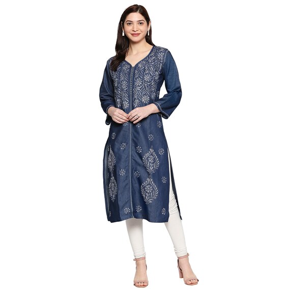 Denim Kurta With Hand Embroidery 
