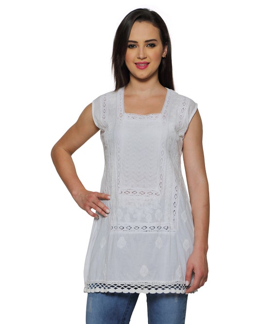 Indiankala4u - White tunique indienne Ladies ethnic Chikankari Hand ...