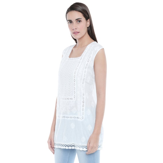 Indiankala4u - White tunique indienne Ladies ethnic Chikankari Hand ...