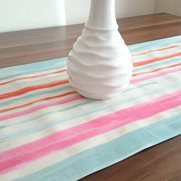 Pastel Watercolor Table Runner, Striped Table Runner, Colorful Table Cover, Handmade Runner, Modern Table Cover, Premier Coton Table Runner