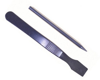 May include: Two tools for electronics repair: a blue plastic prying tool and a silver metal spudger.