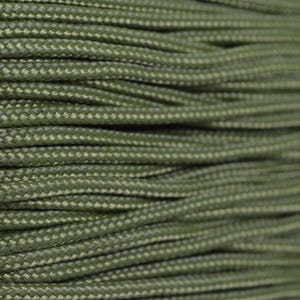 May include: Close-up of a spool of olive green paracord.