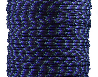 May include: A spool of black paracord with green and purple camouflage pattern.
