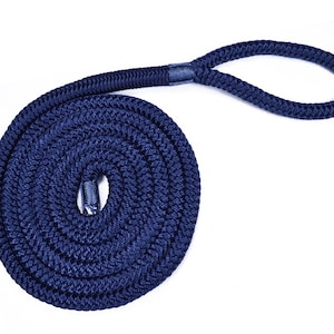 May include: A coiled blue rope with a loop at one end. The rope is made of a braided material and is approximately 10 feet long.