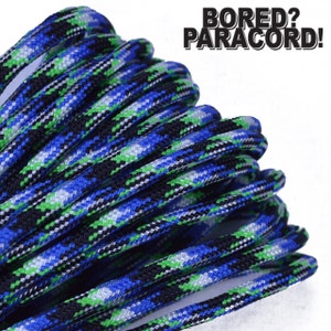 May include: Close-up of blue, green, black, and white paracord. The paracord is coiled and has a plaid pattern. The text "BORED? PARACORD!" is in the upper right corner of the image.