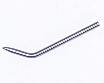 May include: A silver metal tool with a curved handle and a pointed tip. The tool is used for bending metal.