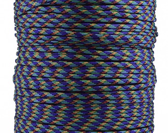 May include: A spool of multi-colored paracord. The cord features a repeating pattern of blue, teal, yellow, and orange. The spool is made of a cardboard-like material and is suitable for various crafting and outdoor projects.