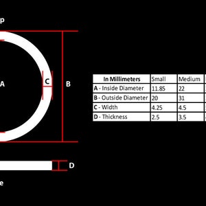 K&ouml;nnte beinhalten: Diagramm, das die Ma&szlig;e eines Rings in Millimetern zeigt. Der Ring ist mit den Buchstaben A, B, C und D beschriftet. Die Ma&szlig;e gelten f&uuml;r den Innendurchmesser, den Au&szlig;endurchmesser, die Breite und die Dicke. Die Gr&ouml;&szlig;en sind klein, mittel, gro&szlig; und extra gro&szlig;.